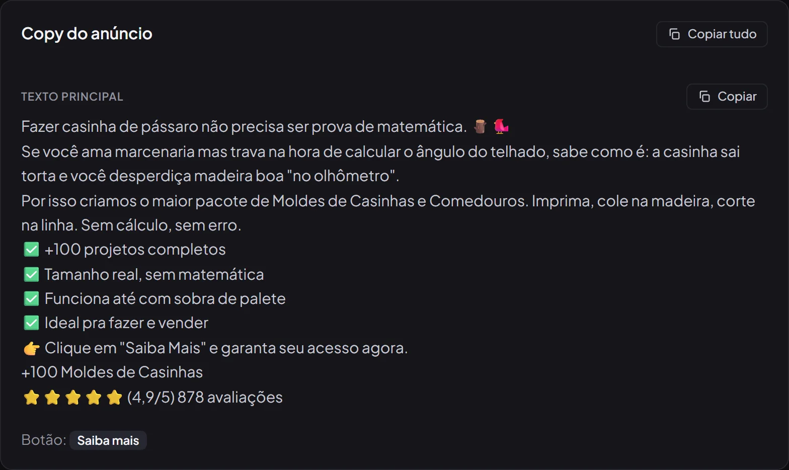 Copy de um anúncio real com botões de copiar: texto principal, bullets e o botão do anúncio
